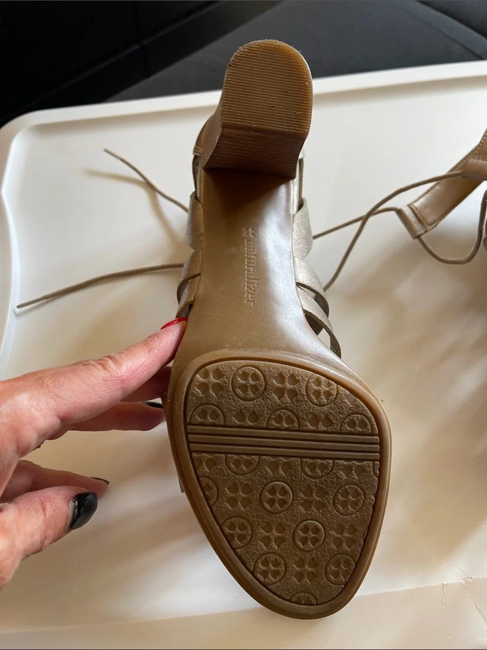 Naturalizer Metallic Taupe Lace-Up Block Heel Sandals
